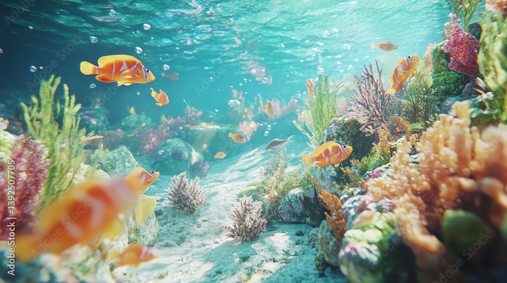 Fototapeta premium Orange fish swim among colorful coral and seaweed in a sunny underwater scene. Perfect for aquarium, marine life, or nature documentaries.