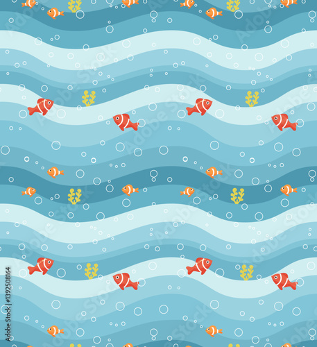 Seamless Summer Sea Pattern with Waves, Corals, Fishes and Bubbles Vector Illustration