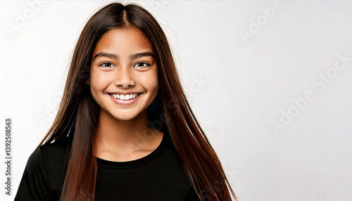 Portrait of a teenage girl with long straight dark hair and brown eyes smiling, female, teen, school aged, education, isolated on a white background.