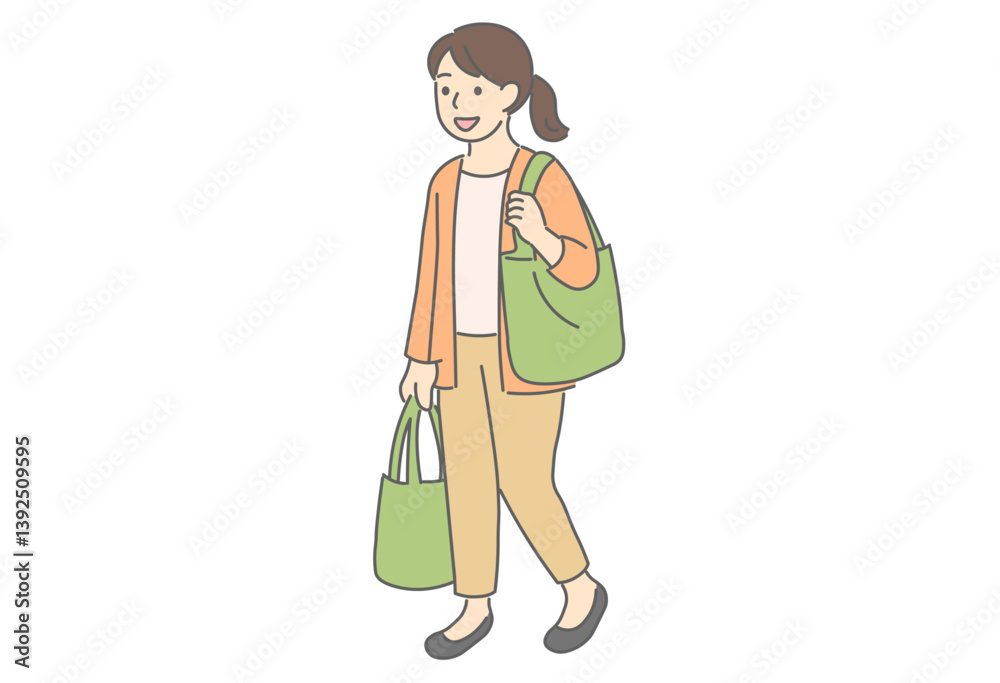 Illustration of a Woman Walking with Reusable Shopping Bags Illustration of a Woman Walking with Reusable Shopping Bags
