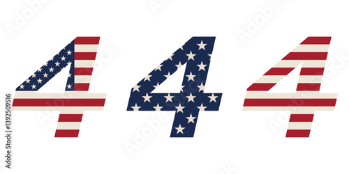Vector illustration of the number four styled in three variations of the American flag, ideal for Fourth of July themes. 4 july banner in flat style. Memorial day and Veteran day. USA flag icon