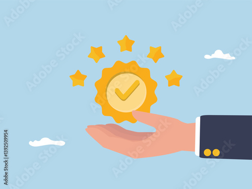 Client give five star review medal to entrepreneur. Concept Social media and digital marketing engagement. Promotion or career growth. Online comments and followers reaction flat vector illustration.