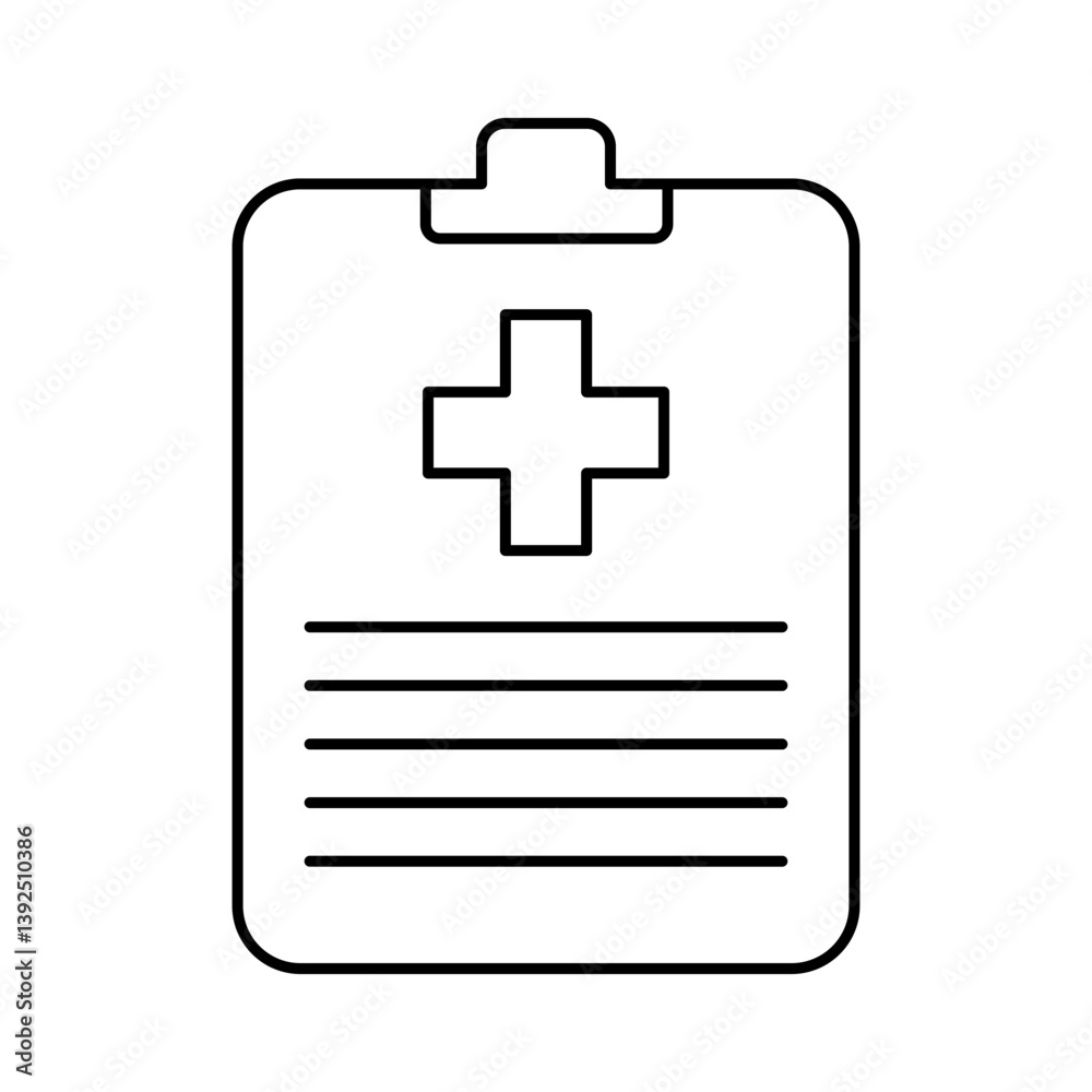 Fototapeta premium Minimalist line art of a clipboard with a medical cross symbol, representing healthcare reports, documents, or patient records. Medicine icon. Vector illustration