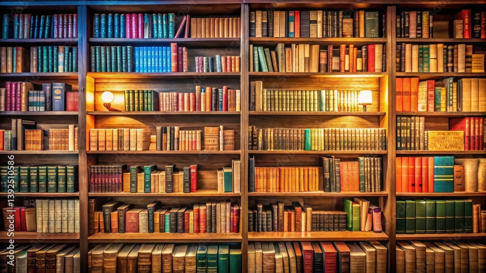 Vibrant stacks of bound volumes sit upon wooden shelves within a cozy Vibrant stacks of bound volumes sit upon wooden shelves within a cozy