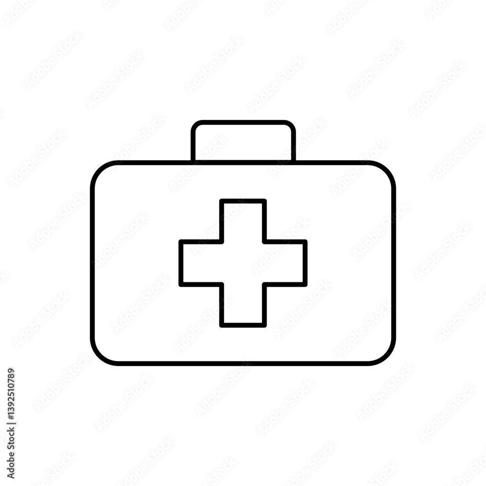 Fototapeta premium Black line illustration of a first aid box with a medical cross, symbolizing emergency health care and treatment tools. First aid box icon. Vector illustration