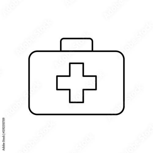 Black line illustration of a first aid box with a medical cross, symbolizing emergency health care and treatment tools. First aid box icon. Vector illustration