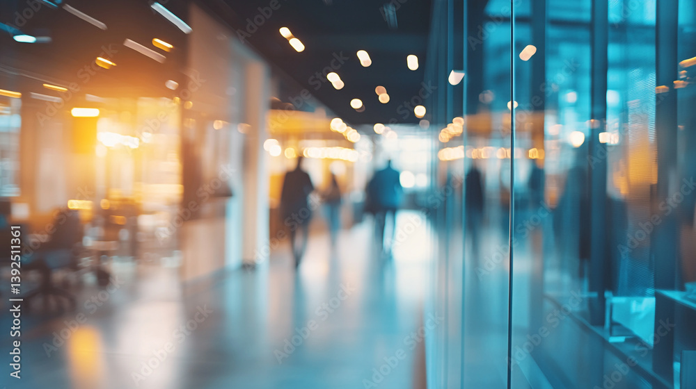 Blurred view of people walking in a modern office building with glass walls and ceiling lights on Blurred view of people walking in a modern office building with glass walls and ceiling lights on