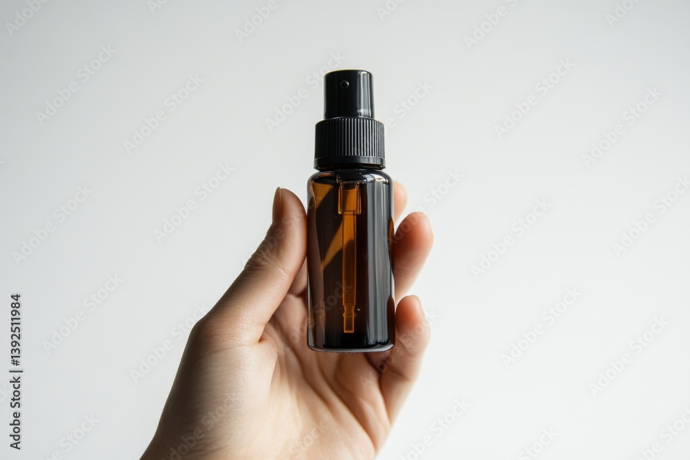 A hand holds a dark amber spray bottle against a neutral backdrop. The simplicity emphasizes its elegant design. Perfect for showcasing beauty products. Generative AI