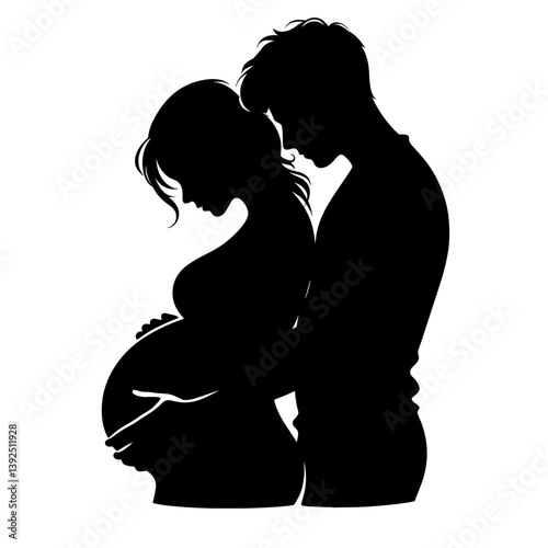 Loving couple embracing pregnant belly silhouette illustration