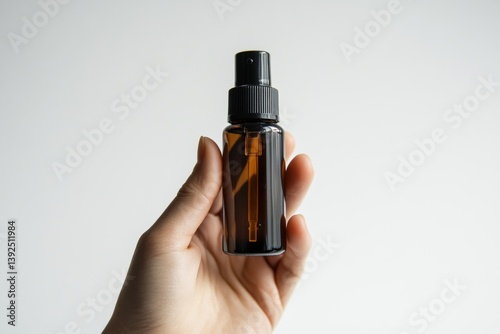 Obraz na płótnie A hand holds a dark amber spray bottle against a neutral backdrop. The simplicity emphasizes its elegant design. Perfect for showcasing beauty products. Generative AI w salonie