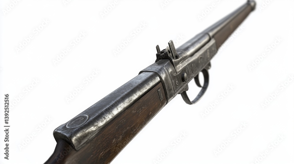 A vintage military rifle showcases intricate craftsmanship and historical significance. The beautifully designed firearm reflects an era of warfare. Generative AI