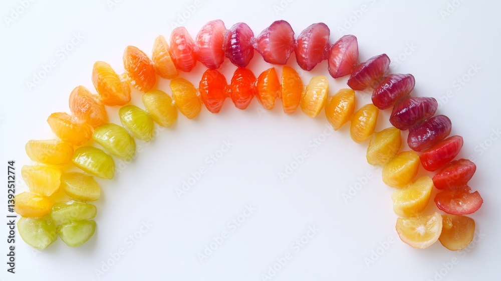 A vibrant rainbow of fresh fruits displayed in a colorful arc. Each fruit showcases its unique hue. Ideal for health and wellness themes. Generative AI