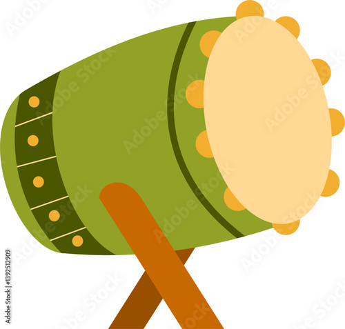 Green Bedug Drum with Orange Accents and Wooden Stand