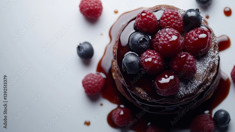 Delicious chocolate pancakes topped with fresh raspberries and blueberries. A tempting dessert perfect for any occasion. Indulge in this sweet treat. Generative AI