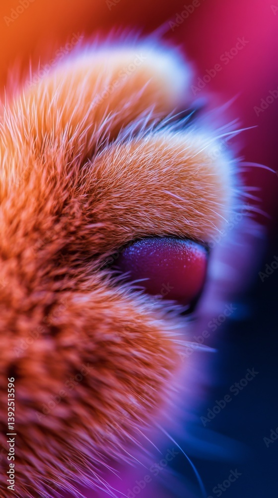 An up-close view of vibrant fur and mesmerizing eye. The image captures the beauty of animal features in striking colors and patterns. A unique perspective. Generative AI