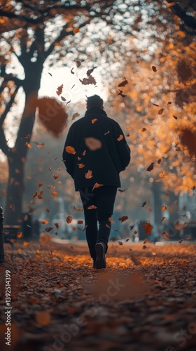 A person walks through a serene autumn park. Leaves dance in the air, creating a lively atmosphere. Nature and tranquility meet in perfect harmony. Generative AI