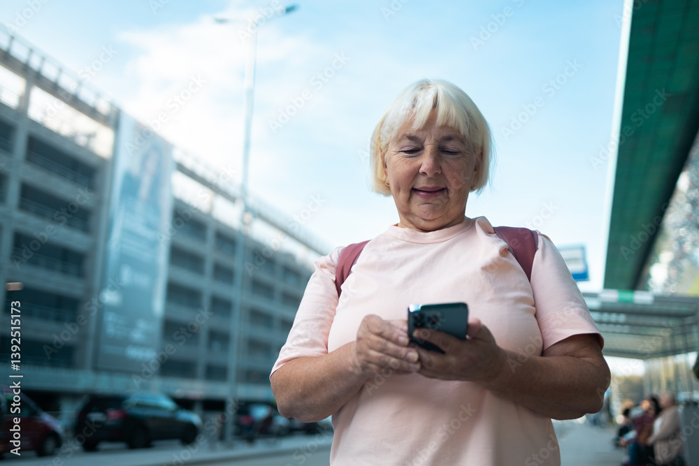 An elderly woman is standing outside the airport terminal, smiling while checking her smartphone. She appears to be receiving or sending a message, with her backpack resting on her shoulder.