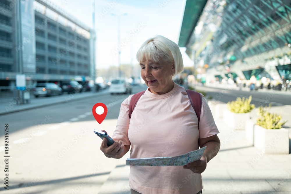 An elderly woman is navigating the airport area with a map in hand, looking for her next destination. The GPS location pin icon is placed on the image to emphasize her use of digital navigation while