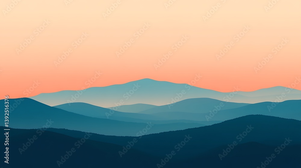 Obraz premium A serene gradient landscape showcasing layers of mountains in soft blues and greens blending into a pastel sunset sky adorned with gentle hues of pink and orange