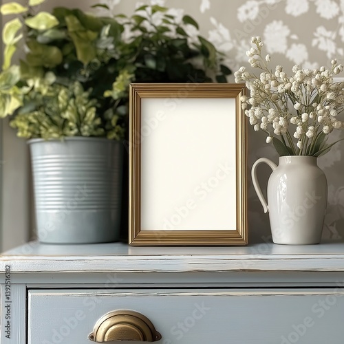 mockup of a 5x7 size frame on a dresser in a cottage style location with flowers