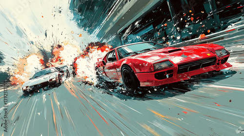 Futuristic anime sports cars racing through the tokyo expressway