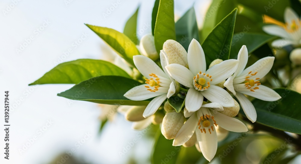 Fototapeta premium 爽やか白花 柔らかな光浴びて輝く柑橘の花