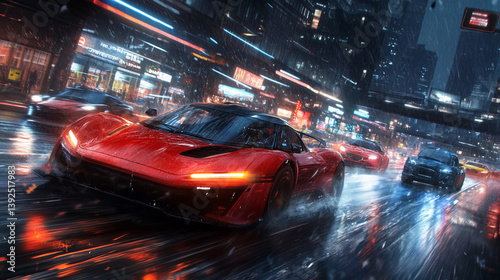 Futuristic anime sports cars racing through the tokyo expressway