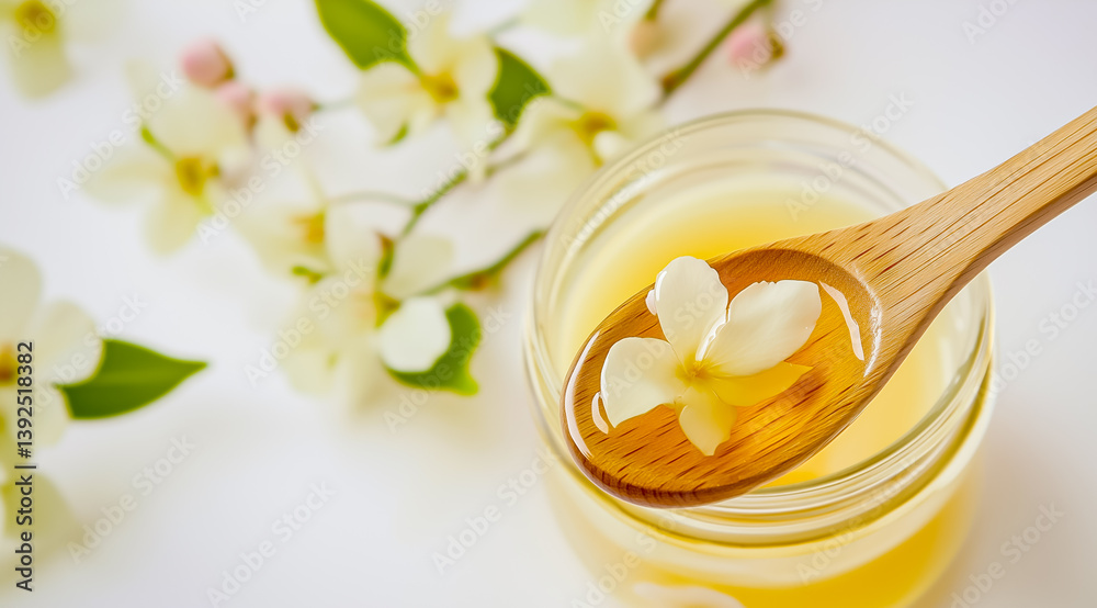 Golden honey in a glass jar with a wooden spoon, surrounded by delicate white flowers, promoting natural sweetness. Golden honey in a glass jar with a wooden spoon, surrounded by delicate white flowers, promoting natural sweetness.