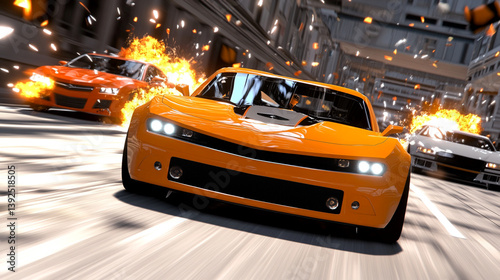 Futuristic anime sports cars racing through the tokyo expressway