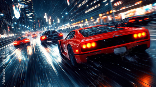 Futuristic anime sports cars racing through the tokyo expressway