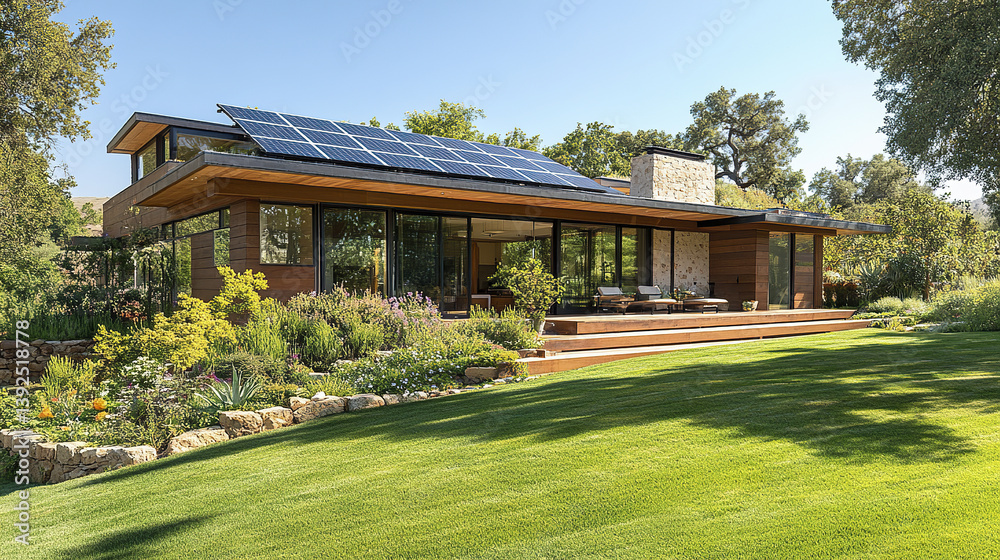 Modern house with solar panels and lush garden, showcasing sustainable design Modern house with solar panels and lush garden, showcasing sustainable design