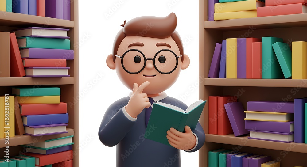 Cartoon character reading book in library with thoughtful expression Cartoon character reading book in library with thoughtful expression