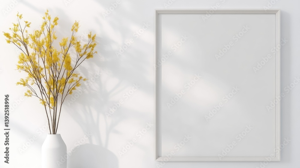 Obraz premium Empty picture frame, vase, and yellow branches