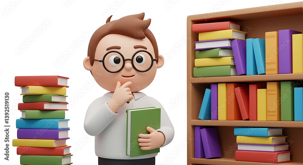 Thinking Student with Bookshelf Studying Education and Learning Concept Thinking Student with Bookshelf Studying Education and Learning Concept