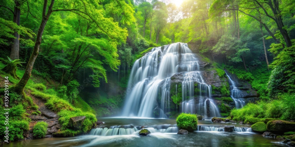 waterfall cascading through lush green forest scenery waterfall cascading through lush green forest scenery