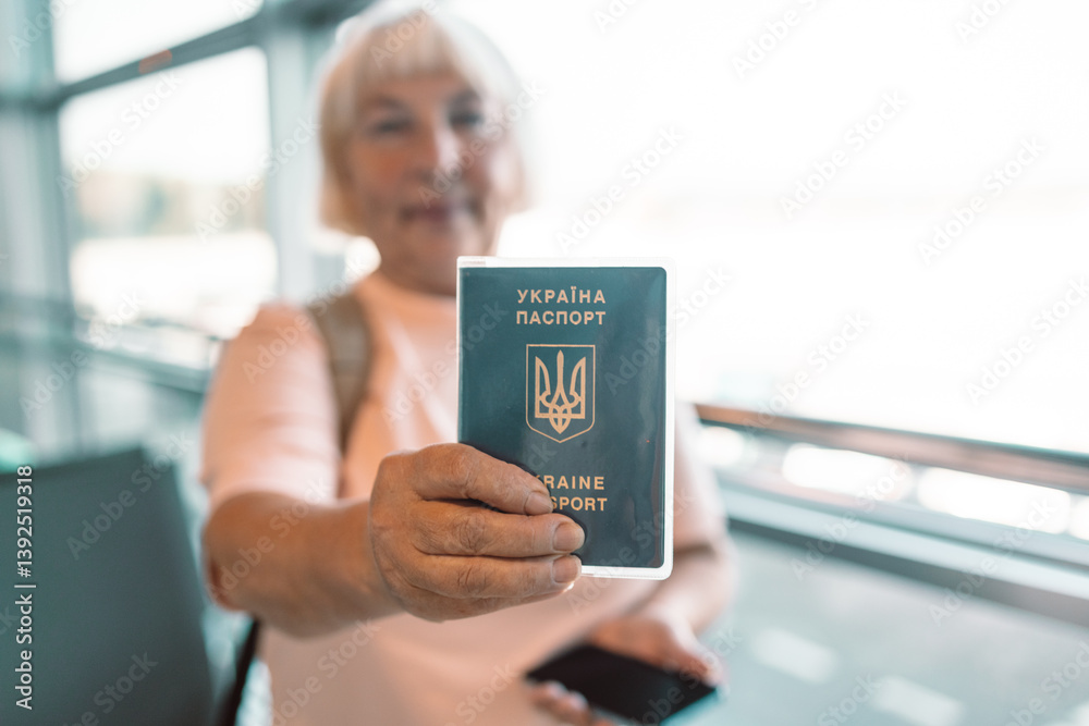 Senior woman stands in an airport terminal, smiling and holding her passport and smartphone. She is ready for her flight, with modern airport windows and a bright, welcoming atmosphere in the