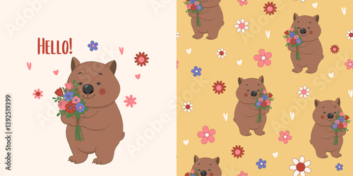 Hand drawn Cute wombat wity flower bunch vector illustration. Print design animal for textile, fabric, wrapping paper, t-shirt.