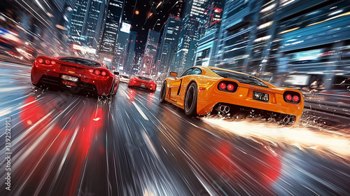 Futuristic anime sports cars racing through the tokyo expressway