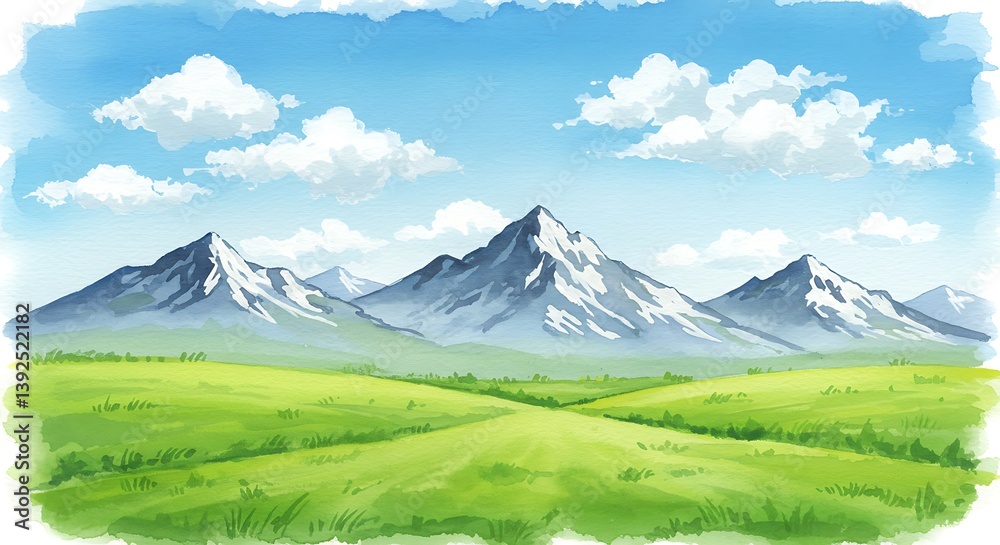 Fototapeta premium Watercolor Dreamscape: Verdant Valley and Majestic Peaks AI Generated