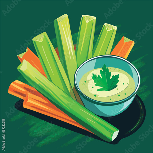 Celery sticks and carrots with dip.