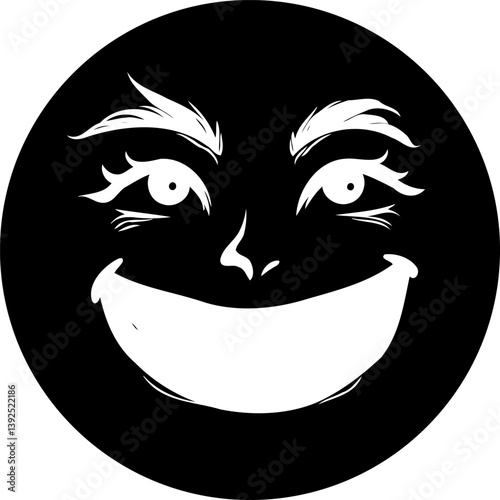 Stylized monochrome facial expression artwork on circular backdrop design
