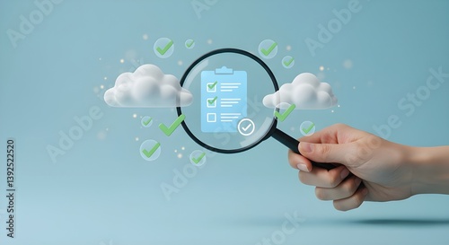 Mano sosteniendo una lupa enfocada en el icono de lista de verificación digital
