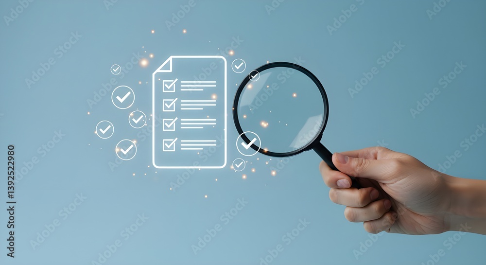 Obraz premium Mano sosteniendo una lupa enfocada en el icono de lista de verificación digital 