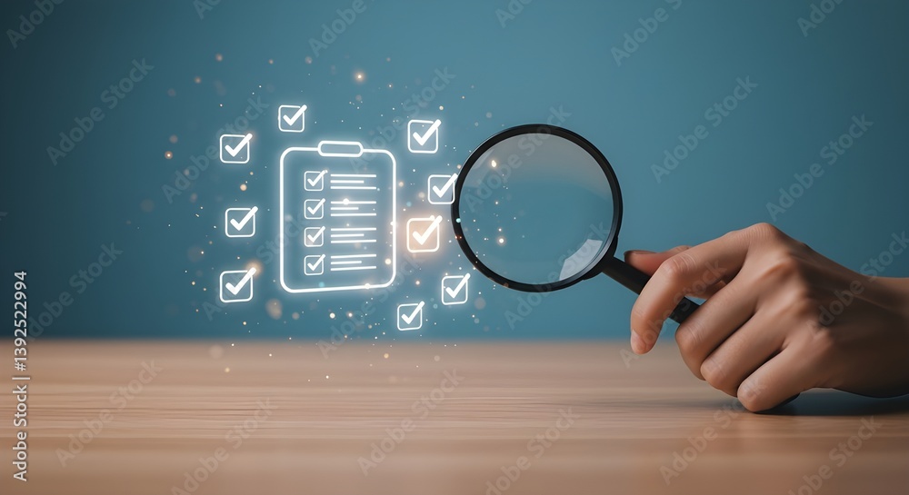 Obraz premium Mano sosteniendo una lupa enfocada en el icono de lista de verificación digital 
