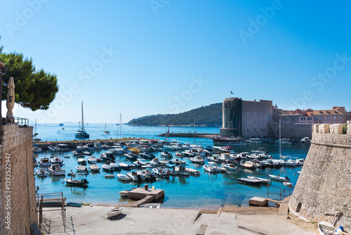 Fototapeta Naklejka Na Ścianę i Meble -  Yacht port in Old City of Dubrovnik near Adriatic Sea, Unesco World Heritage, Castle View, Croatia