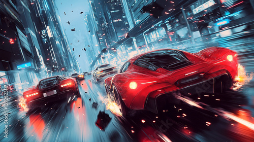 Futuristic anime sports cars racing through the tokyo expressway