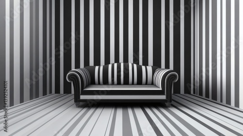 A black and white striped couch is in a room with white stripes on the walls