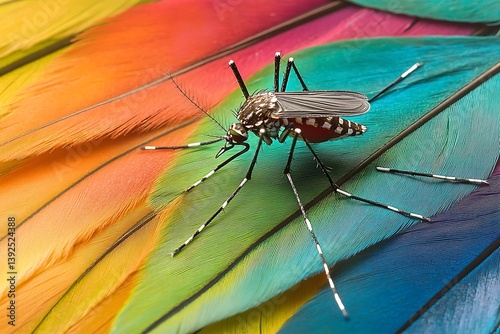 Macro view of an Aedes aegypti mosquito on a colorful parrot feather, tropical bird backdrop. photo