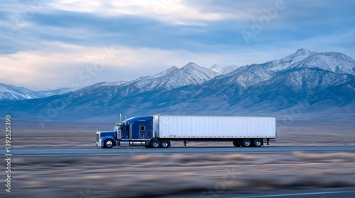 Blue semi truck with a white trailer on a highway with mountains in the background under a cloudy sky