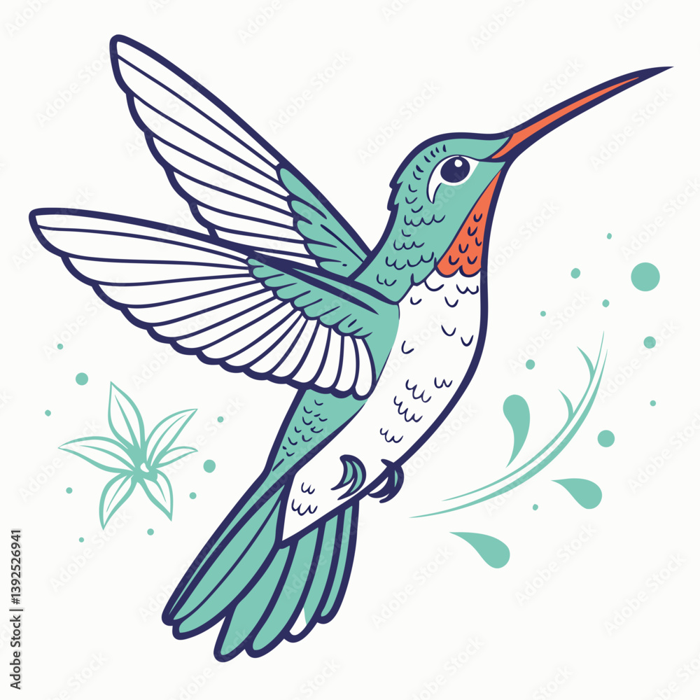 Obraz premium A vibrant vector illustration of the flying Honduran emerald hummingbird with shimmering blue and green speckles, showcasing its distinct red-orange beak.